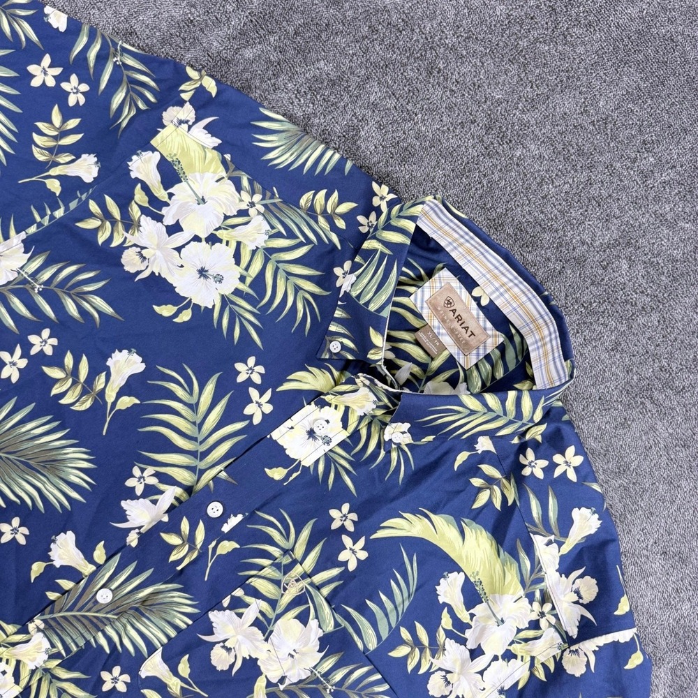 Ariat Mens XL Tropical Floral Palm Wrinkle Free Button Down Shirt Navy Blue
